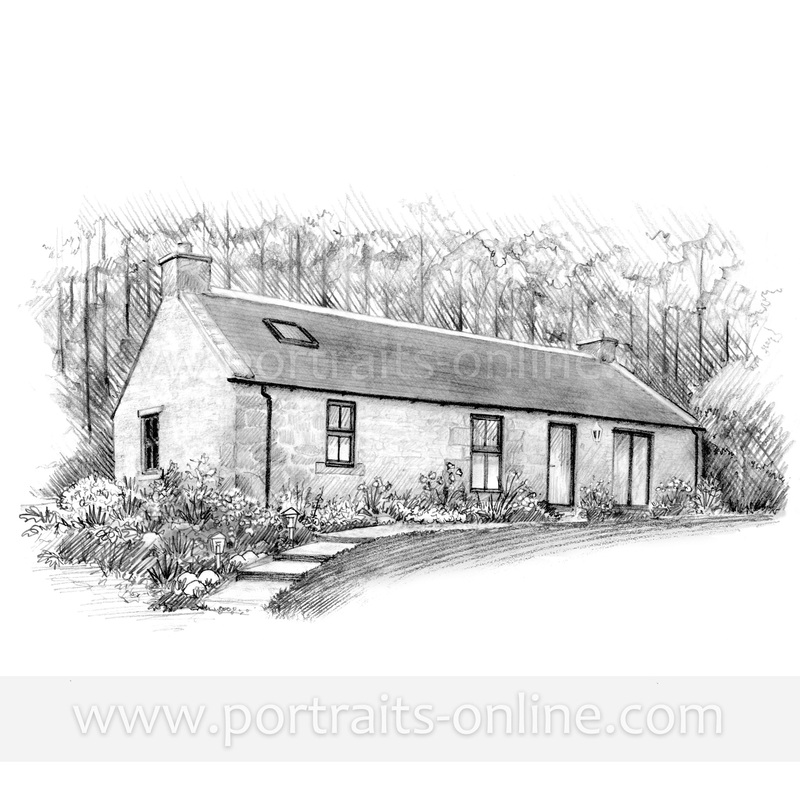 Pencil sketch drawing of a Scottish bothy