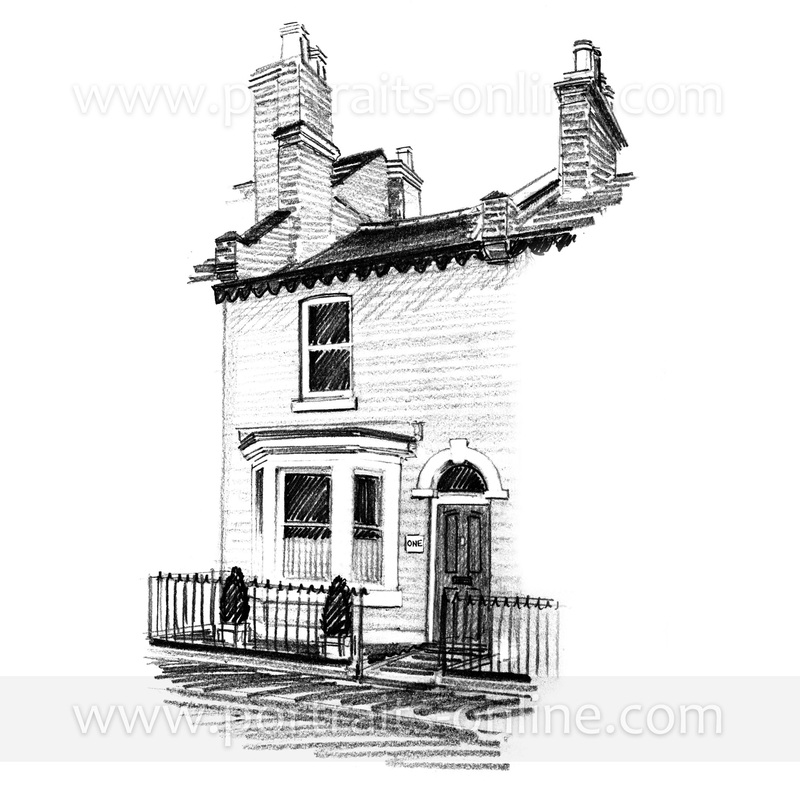 A pencil sketch of a typical red brick terraced house in the UK 