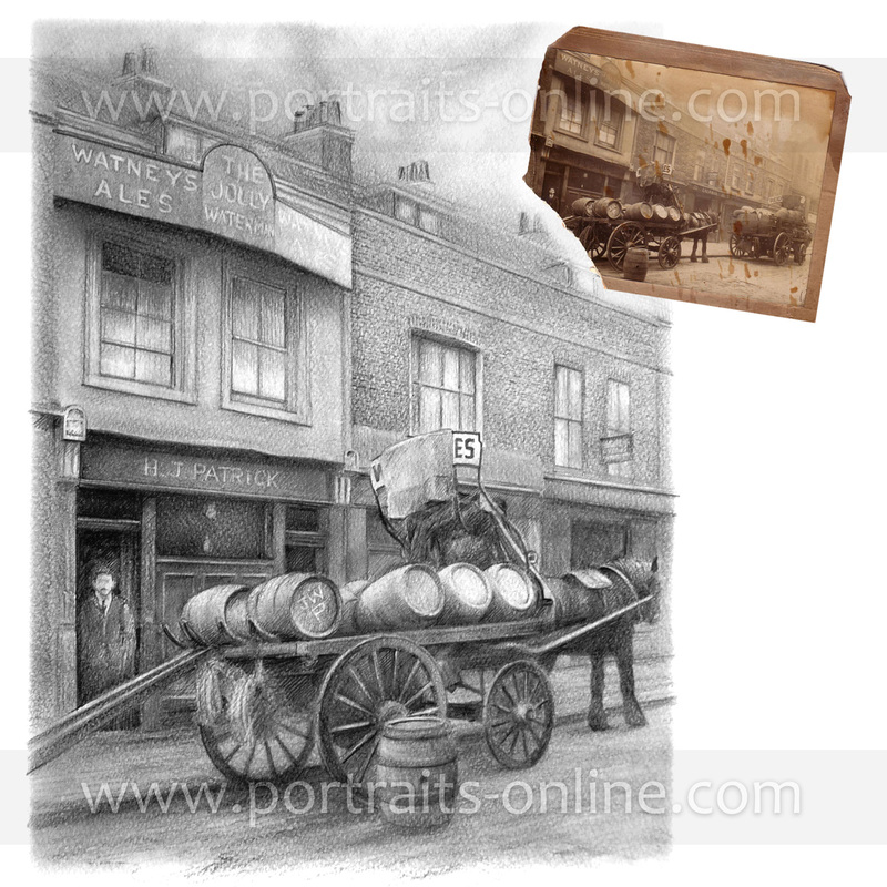 A drawing of an old London pub recreated from an old damaged photo