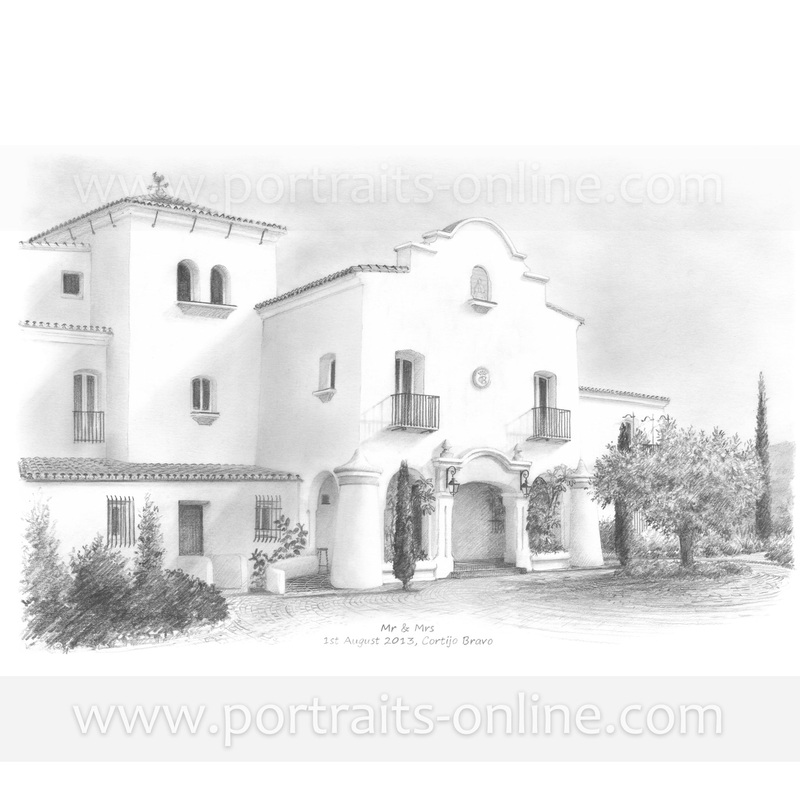 Custom Pencil drawing of wedding venue Hotel Cortijo Bravo : Valez Malaga Spain